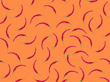 Acı biber desenli. Kırmızı biber turuncu arka planda izole edilmiş. Kağıt kaplama konsepti. Reklam afişi. Web sayfası için arkaplan.