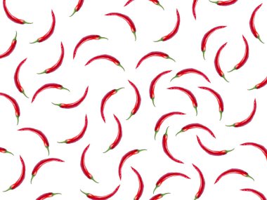 Acı biber desenli. Kırmızı biber beyaza izole edilmiş. Kağıt kaplama konsepti. Reklam afişi. Web sayfası için arkaplan.