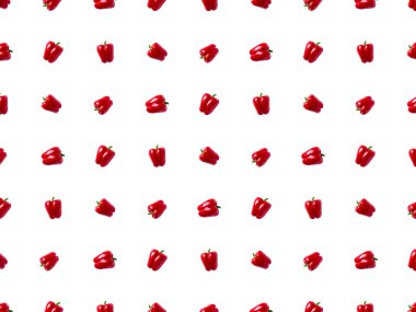 Tatlı dolmalık biber deseni. Beyaz arka planda sebzeler. Biber desenli reklam afişi. Paket kağıdı. Web sayfaları için arkaplan.