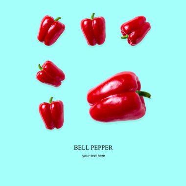 Kusursuz dolma biber deseni. Tatlı dolmalık biber, pastel maviye izole edilmiş. mesaj için yer. kopyalama alanı. Sebze deseni. Reklam afişi. Ticaret için konsept pankartı. Web sayfası için arkaplan.