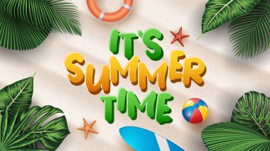 Vector Summer Holiday Illustration with Beach Ball, Palm Leaves, Surf Board and Typography Letter on Beach Sands Background.