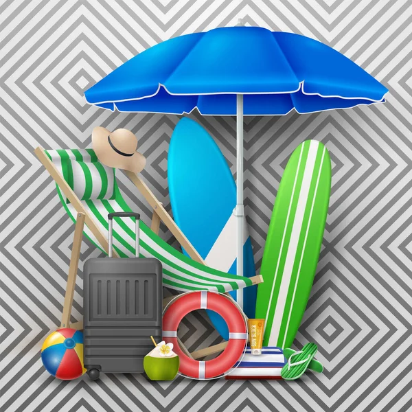 Vector Summer Holiday Illustration Mit Strandball Palmblättern Surfbrett Und Typografie — Stockvektor