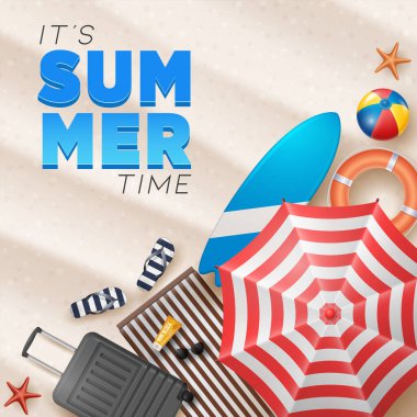 Vector Summer Holiday Illustration with Beach Ball, Palm Leaves, Surf Board and Typography Letter on Beach Sands Background.
