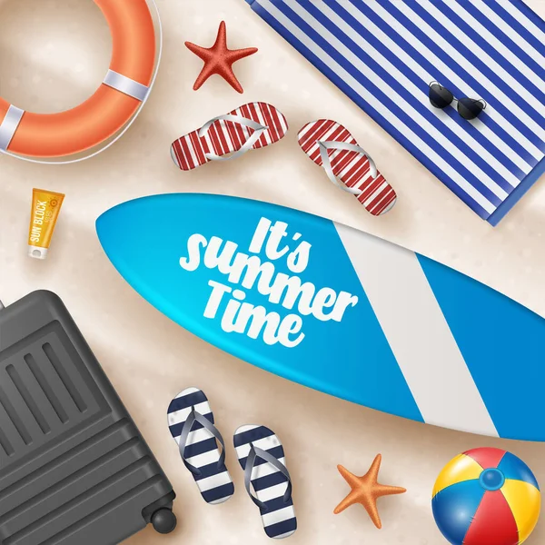 Vector Summer Holiday Illustration Beach Ball Palm Leaves Surf Board — Διανυσματικό Αρχείο