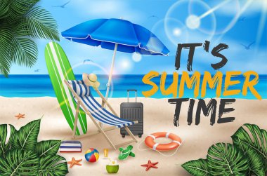 Vector Summer Holiday Illustration with Beach Ball, Palm Leaves, Surf Board and Typography Letter on Blue Ocean Landground.