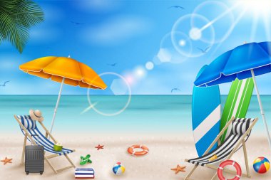Vector Summer Holiday Illustration with Beach Ball, Palm Leaves, Surf Board and Typography Letter on Blue Ocean Landground.