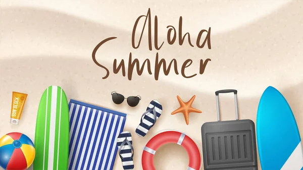 ビーチボール ヤシの葉 サーフボードとタイポグラフィーの手紙でベクトル夏休みのイラストビーチサンズの背景 — ストックベクタ