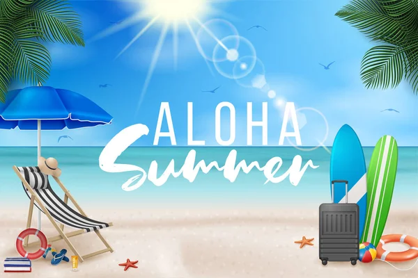 有海滩球 棕榈叶 冲浪板和蓝海景观背景字体的矢量暑假图解 — 图库矢量图片