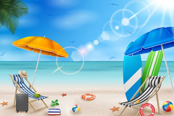 Vector Summer Holiday Illustration Mit Strandball Palmenblättern Surfbrett Und Typografie — Stockvektor