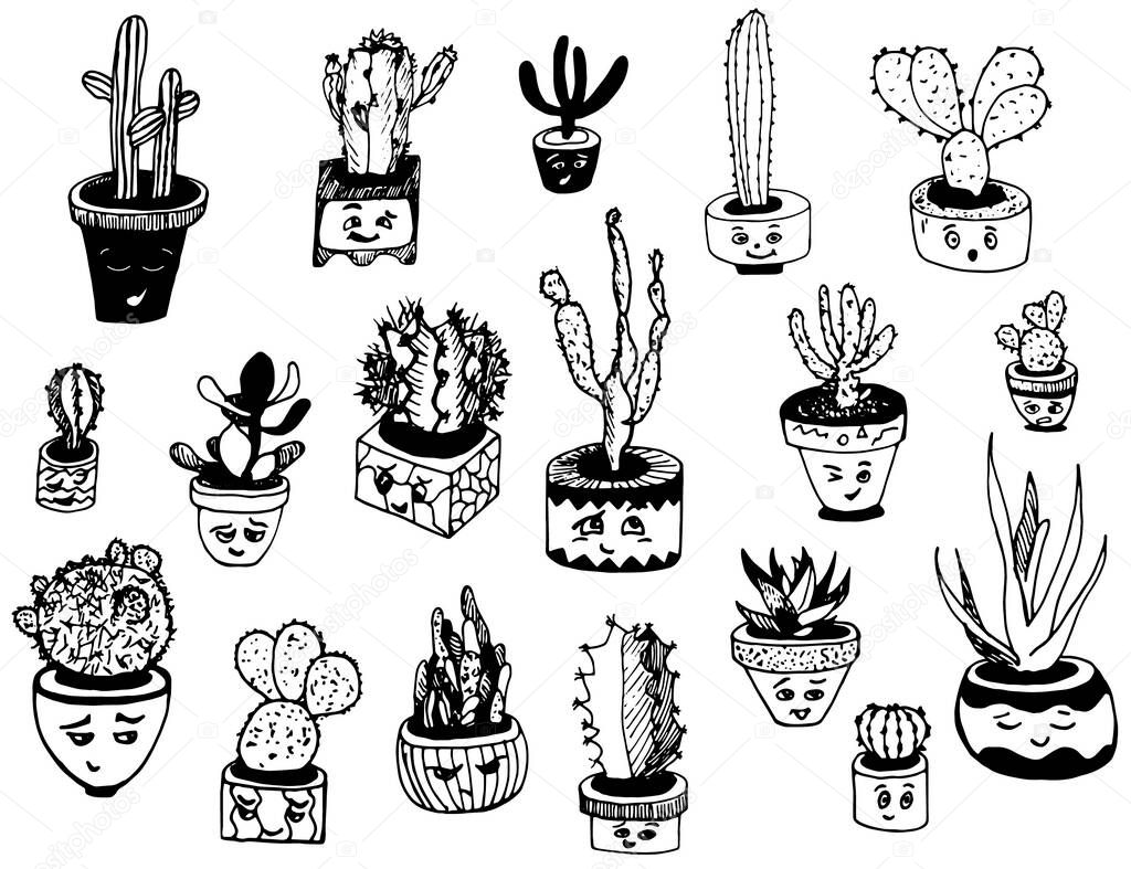 Vecror set of cactuses. Hand drawn plants with cartoon emotional faces in sketch style. Black and white characters collection