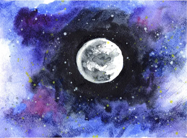 Акварельная Иллюстрация Луны Космосе — стоковое фото