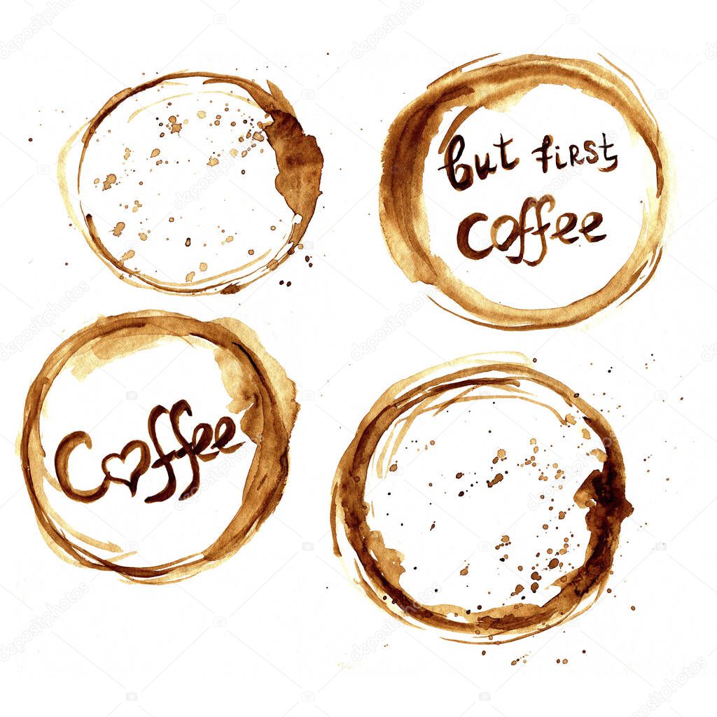 Watercolor cliparts of circle of coffee cups with text. Concept for cafe, menus, banners and ect.