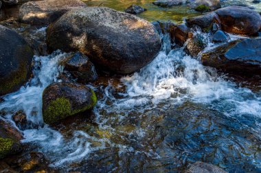  Kaliforniya 'nın dağlarındaki büyük kayaların etrafında akan çalkantılı beyaz sular.