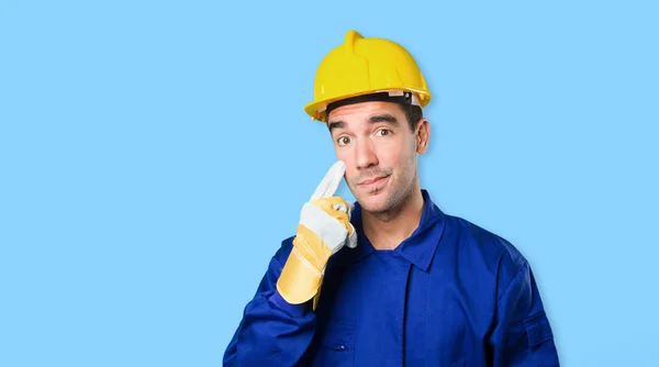 Worried worker with search gesture on white background