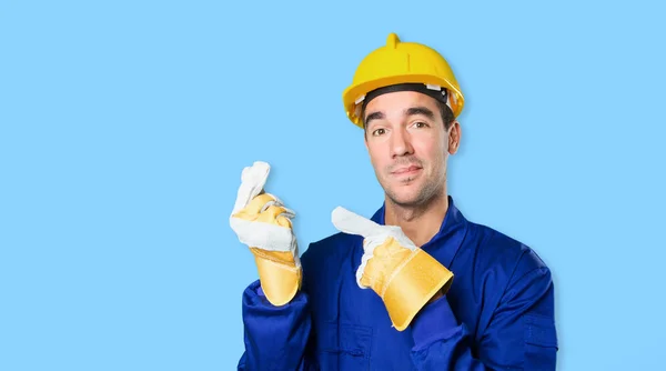 Happy worker with money gesture on white background