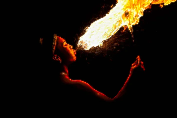 Огнедышащая Женщина Имеет Пламя Выстреливая Изо Рта — стоковое фото
