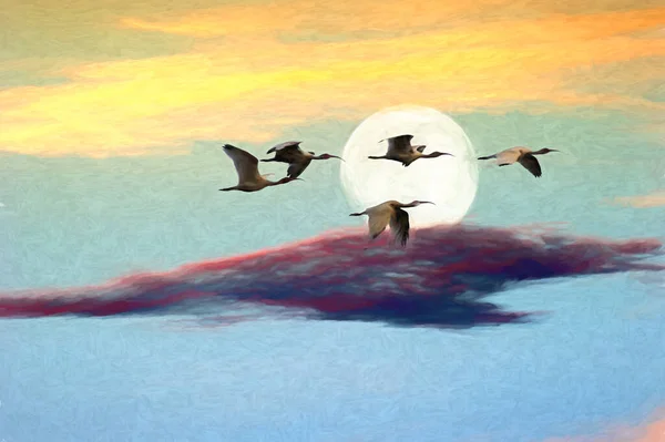 Bando Pássaros Estão Voando Como Lua Sobe Céu — Fotografia de Stock