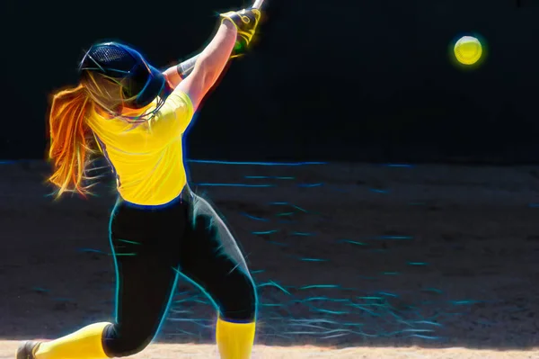 Giocatore Baseball Femminile Sta Battendo Oscillando Passo — Foto Stock