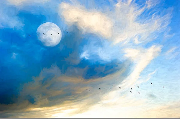Een Zwerm Vogels Vliegen Overdag Lucht Als Volle Maan Opkomt — Stockfoto