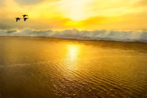 A Flock of Birds Flying Over a Wave as the Sun sets Over the Ocean