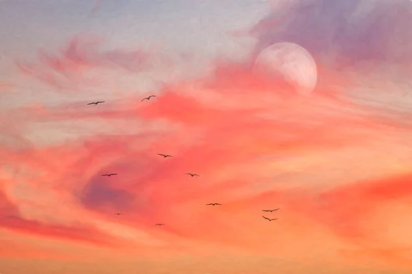 Flock Birds Flying Moon Rises Sky — Stock Photo, Image