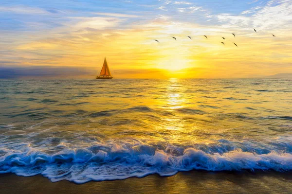 A sailboat is Sailing Along the Ocean as Birds Fly in the Sky