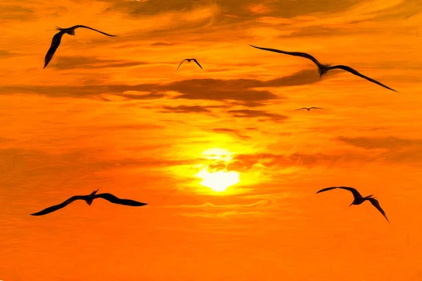 Birds Sunset Flying Silhouettes Flock Birds Flying Colorful Surreal Sunset — Stock Photo, Image