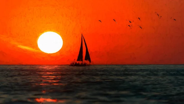 Een Zeilboot Zeilen Langs Oceaan Als Een Levendige Kleurrijke Zonsondergang — Stockfoto
