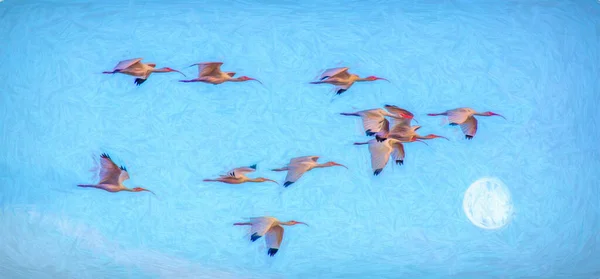 Flock Birds Flying Together Bright Blue Sky — Stock Photo, Image