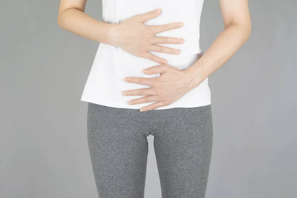 Human Having Painful Stomachache Gray Background Chronic Gastritis Abdomen Bloating — Stock Photo, Image