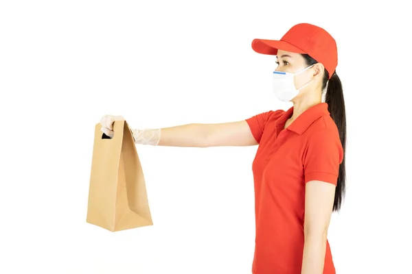 Delivery Woman Red Uniform Isolated White Background Courier Protective Mask — Stock Photo, Image