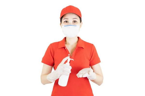 Asian Delivery Donna Uniforme Rossa Isolata Sfondo Bianco Corriere Maschera — Foto Stock