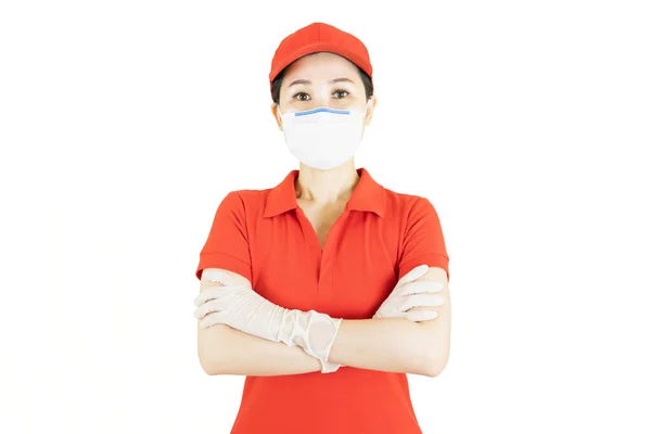 Asijské Dodávky Žena Červené Uniformě Izolované Bílém Pozadí Kurýr Ochranné — Stock fotografie