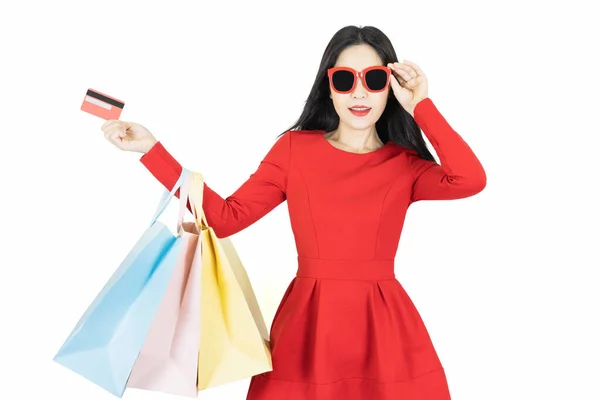 Happy Young Beautiful Asian Woman Red Dress Wearing Fashion Sunglasses — Stock Photo, Image