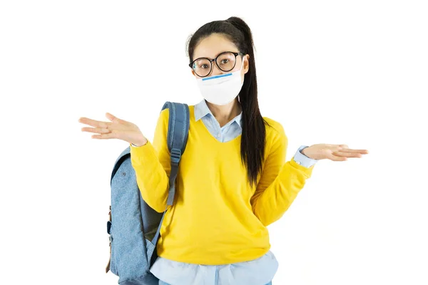 Mladá Asijská Studentka Brýlích Maskou Obličeji Nesoucí Tašku Školy Pod — Stock fotografie