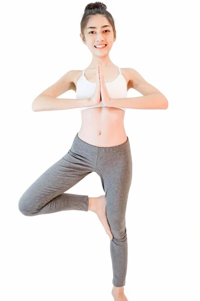 Ejercicio Joven Hermosa Mujer Asiática Con Una Camiseta Blanca Yoga —  Fotos de Stock