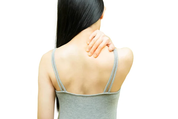 Back Woman Gray Undershirt Put Her Hands Sholder Area Nape — Stock Photo, Image