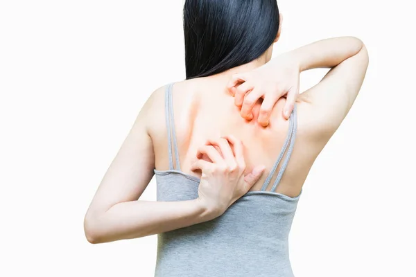 Back Woman Gray Undershirt Scratch Skin Area Itching Health Care — Stock Photo, Image