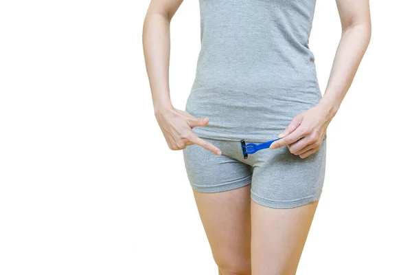 Low Body Woman Gray Shorts Point Her Hands Crotch Holding — Stock Photo, Image