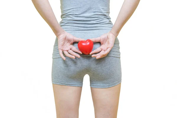 Low Body Woman Gray Clothes Put Her Hands Red Heart — Stock Photo, Image
