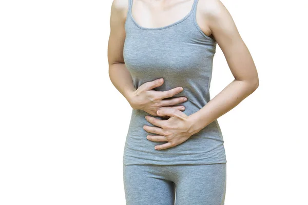 Low Body Woman Gray Clothes Put Her Hands Stomach Area — Stock Photo, Image