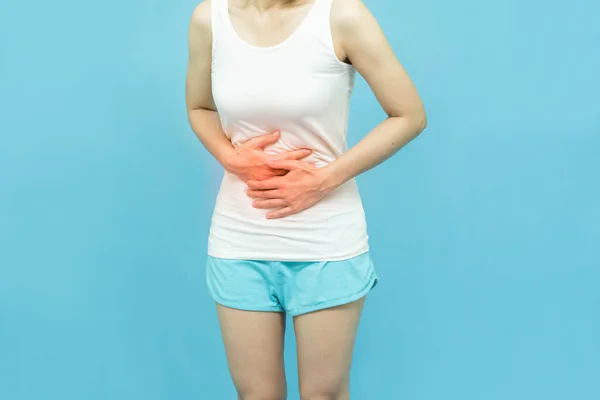 Low Body Woman White Tank Top Put Her Hands Stomach — Stock Photo, Image