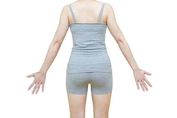 Body Woman Gray Clothes Rear View Health Care Concept White — Stock Photo, Image