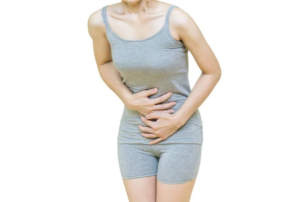 一名身穿灰色衣服的妇女的尸体被放在胃部疼痛 腹部疼痛 白色背景下的保健概念的部位 — 图库照片