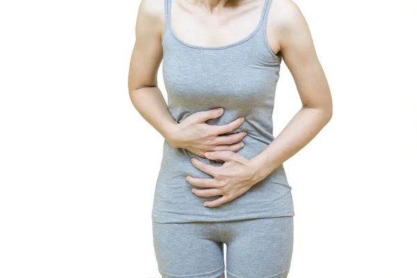 Body Woman Gray Clothes Put Her Hands Stomach Area Spot — Stock Photo, Image