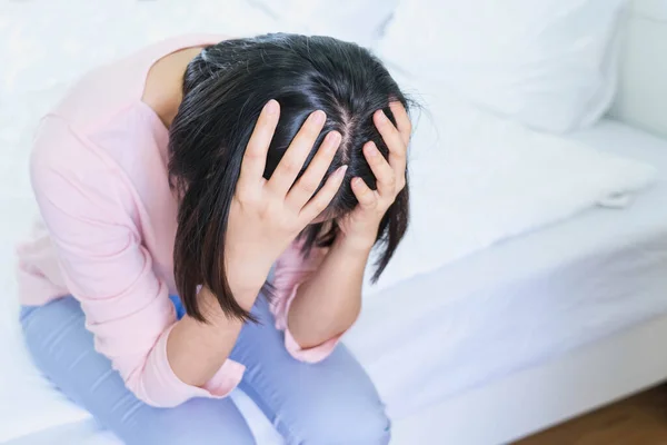 Upset Depressed Young Woman Sitting Bed Feeling Strong Headache Migraine — Stock Photo, Image