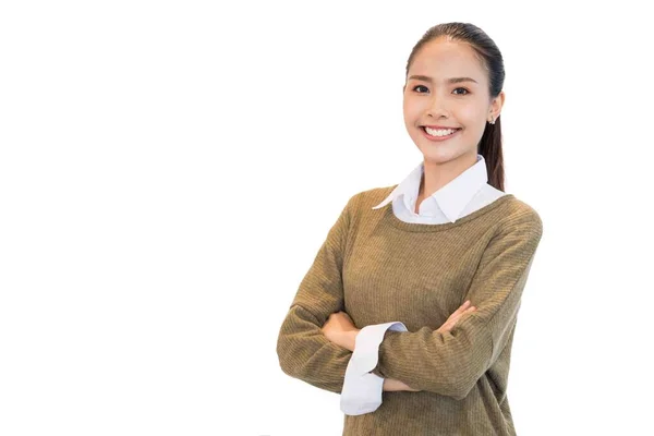 Intelligente Donna Asiatica Sorridente Camicia Verde Casual Lei Piedi Con — Foto Stock