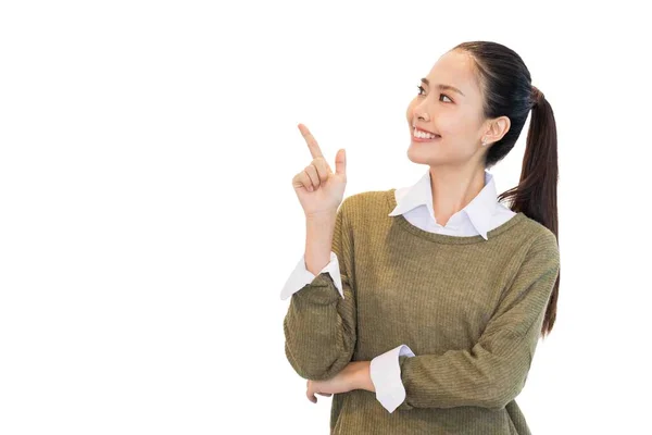 Intelligente Donna Asiatica Sorridente Camicia Verde Casual Sta Piedi Indica — Foto Stock