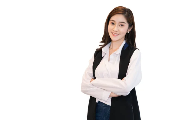 Smart Smiling Asian Woman Casual Black White Shirt She Standing — Stock Photo, Image