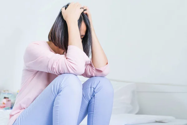 Upset Depressed Young Woman Sitting Bed Feeling Strong Headache Migraine — Stock Photo, Image